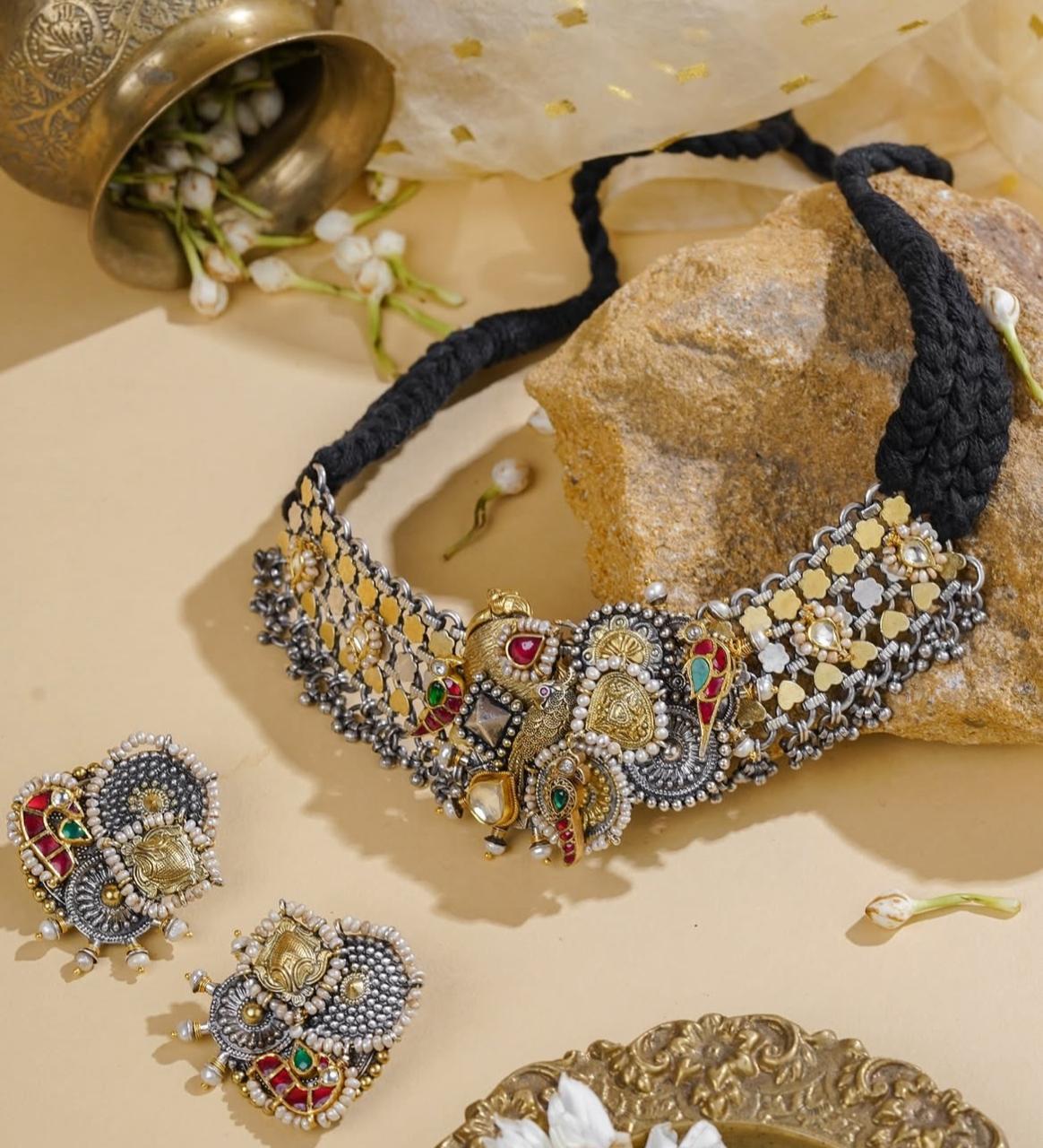 Fusion Silver Jewellery Choker Set with Temple Motifs